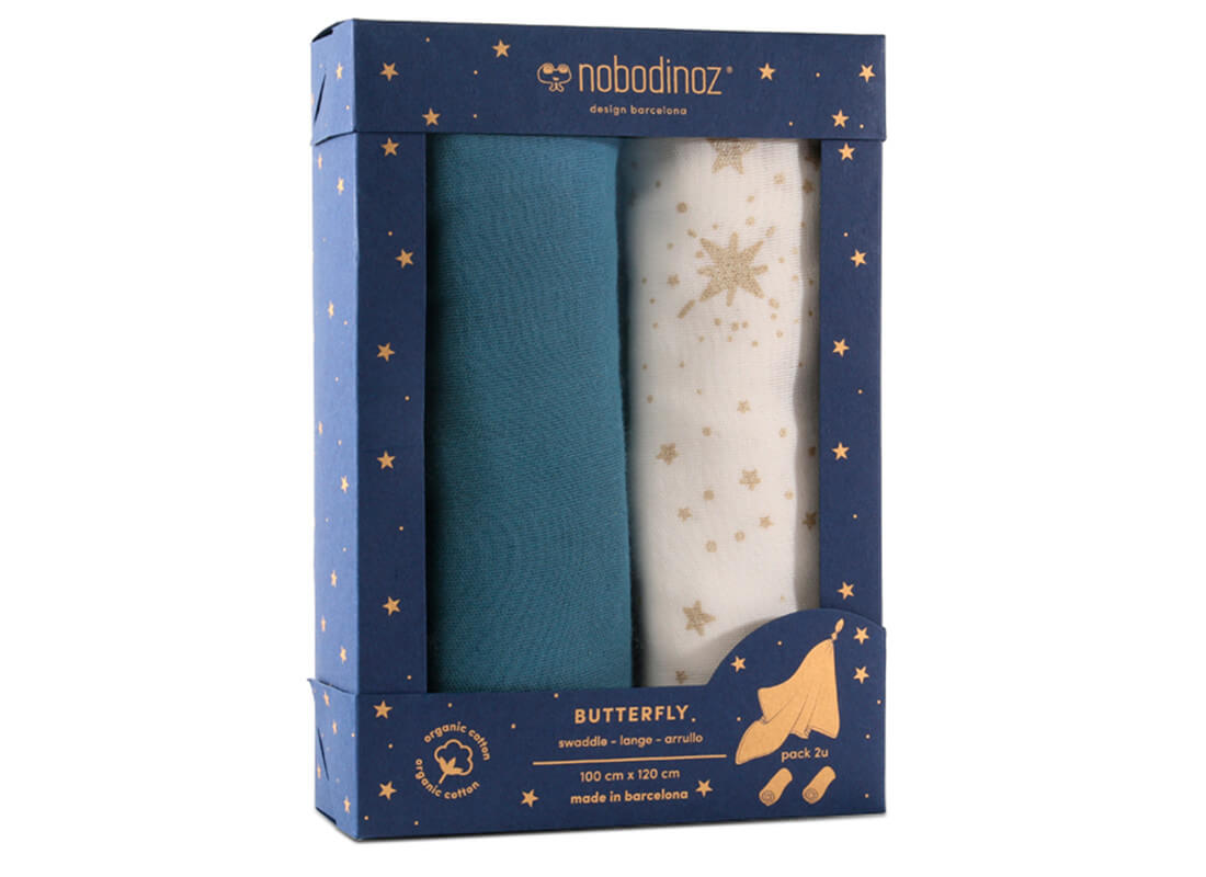 Cutie 2 swaddle din muselina Butterfly NOBODINOZ - Pack Blue