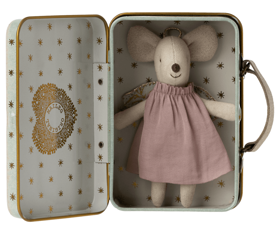 Jucarie textila Angel Mouse in Suitcase Maileg