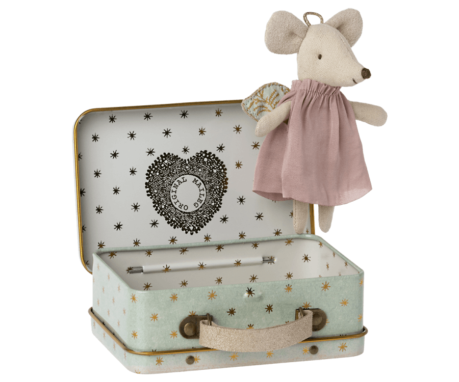 Jucarie textila Angel Mouse in Suitcase Maileg