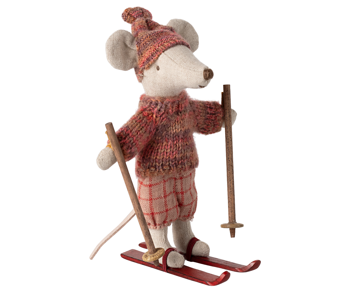 Jucarie textila Winter Mouse with Ski Set Big Sister Maileg – Red