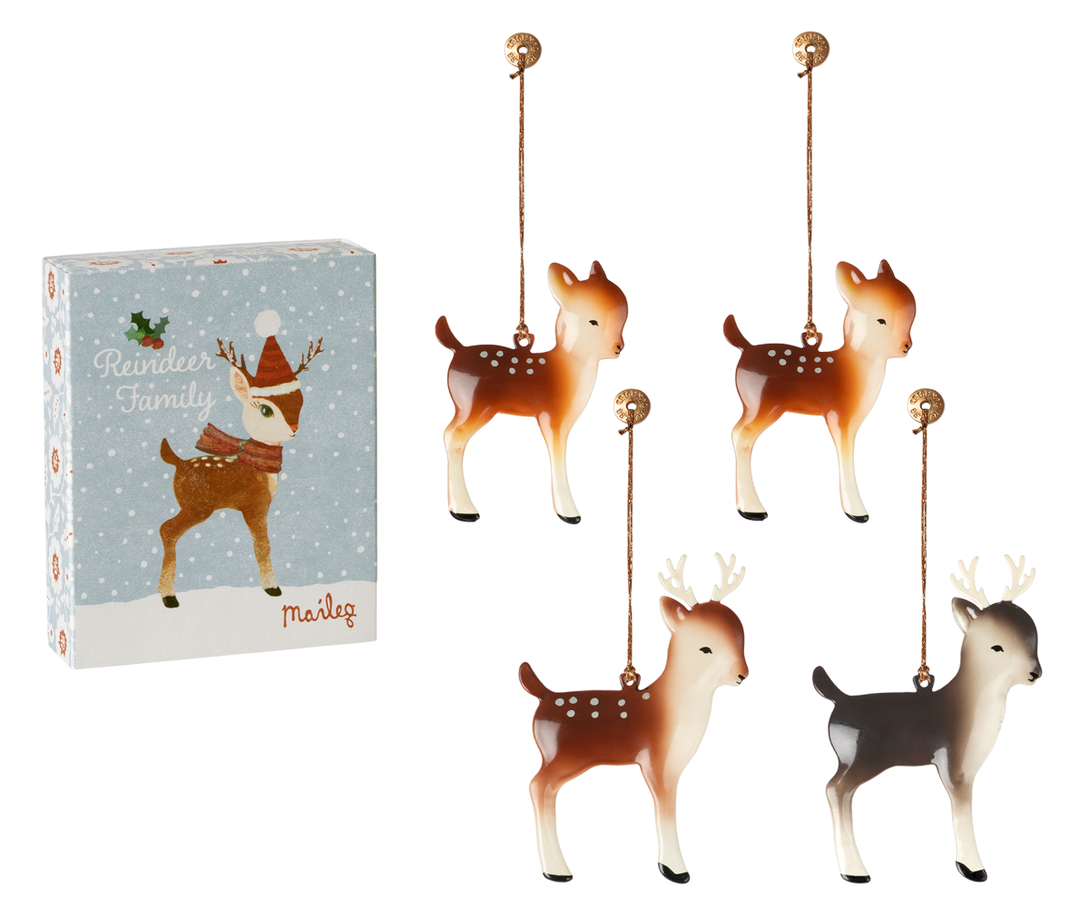 Set 4 ornamente metalice pentru brad Maileg - Raindeer Family