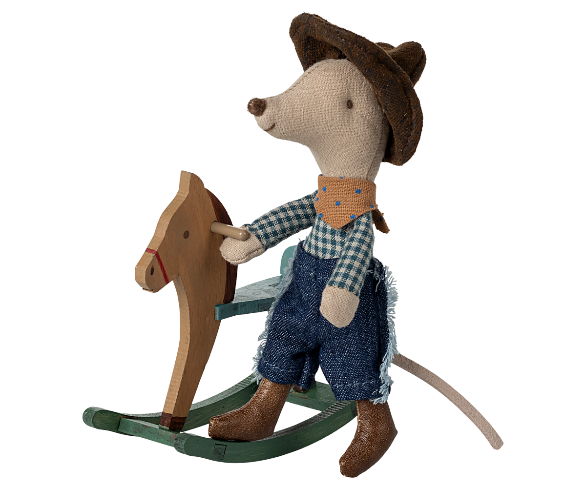 Jucarie textila Cowboy Mouse on Rocking Horse Little Brother Maileg