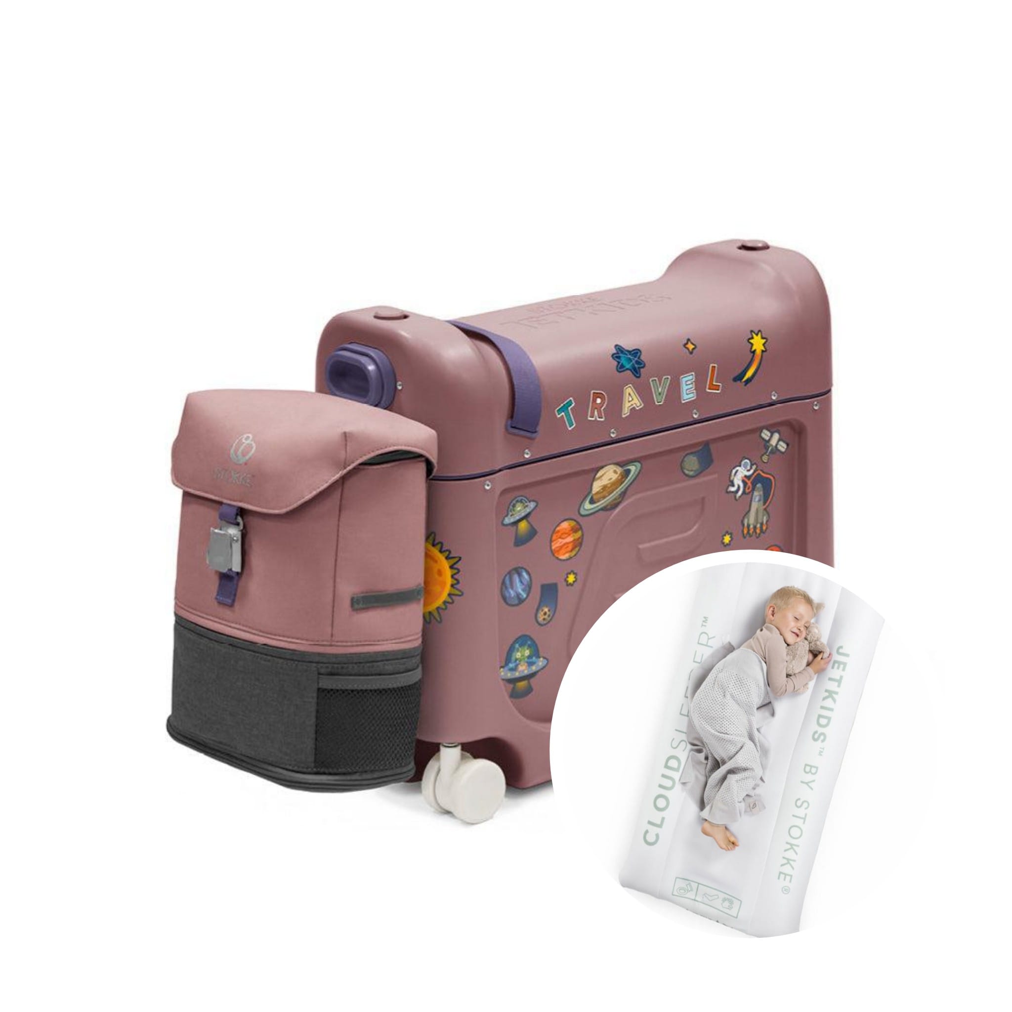 Set troller pentru copii cu rucsac extensibil si patut gonflabil JetKids by Stokke – Hazy Lilac