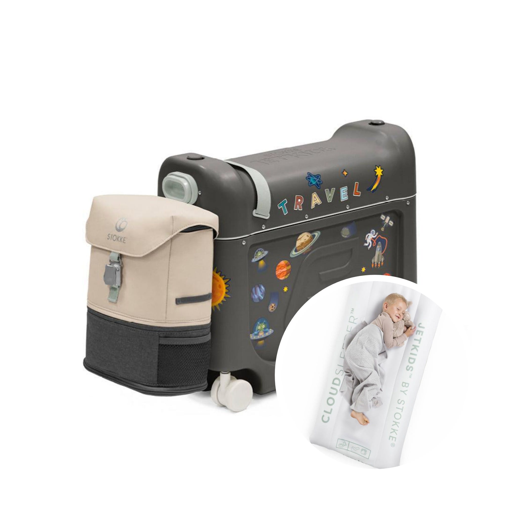 Set troller pentru copii cu rucsac extensibil si patut gonflabil JetKids by Stokke – Midnight Grey