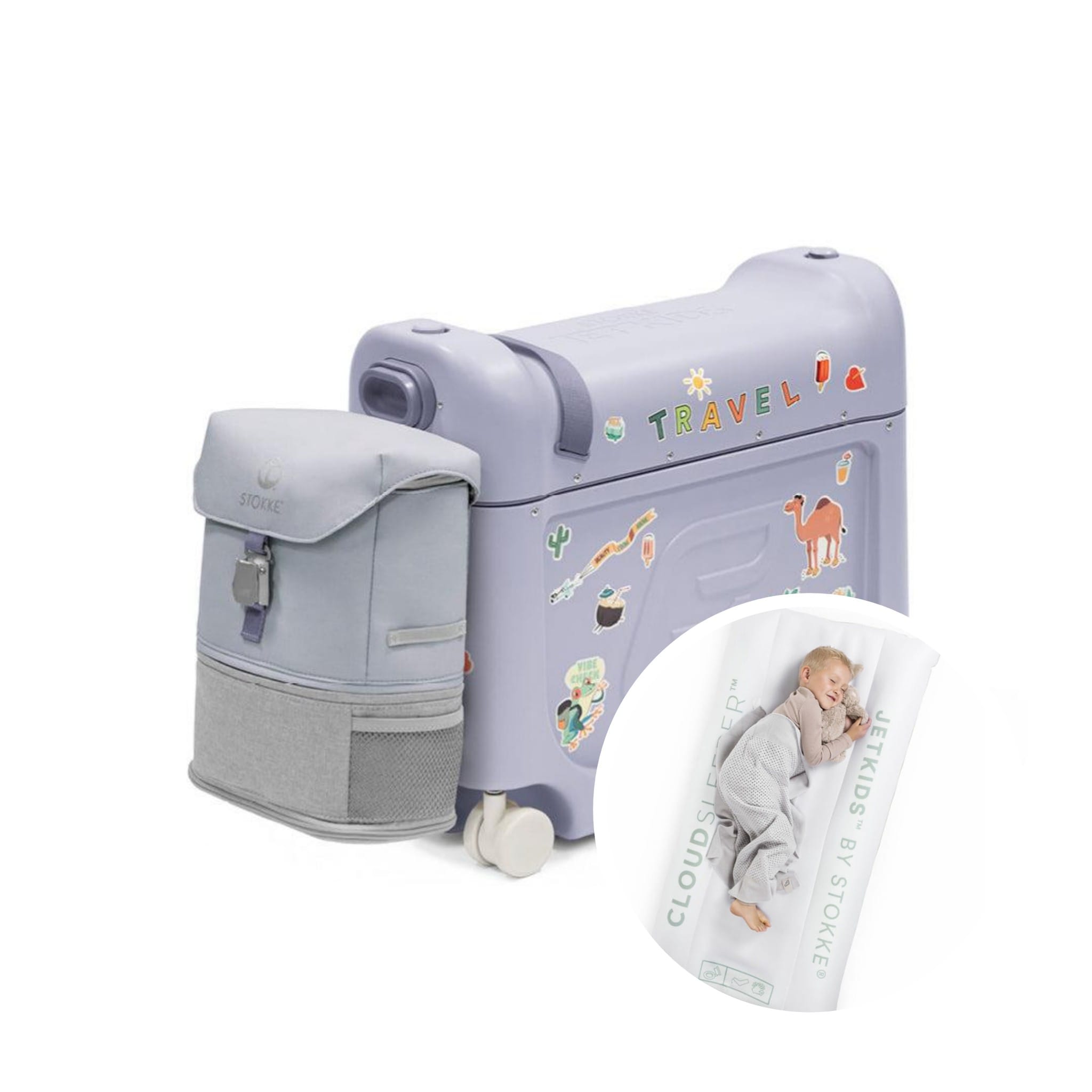 Set troller pentru copii cu rucsac extensibil si patut gonflabil JetKids by Stokke – Arctic Blue
