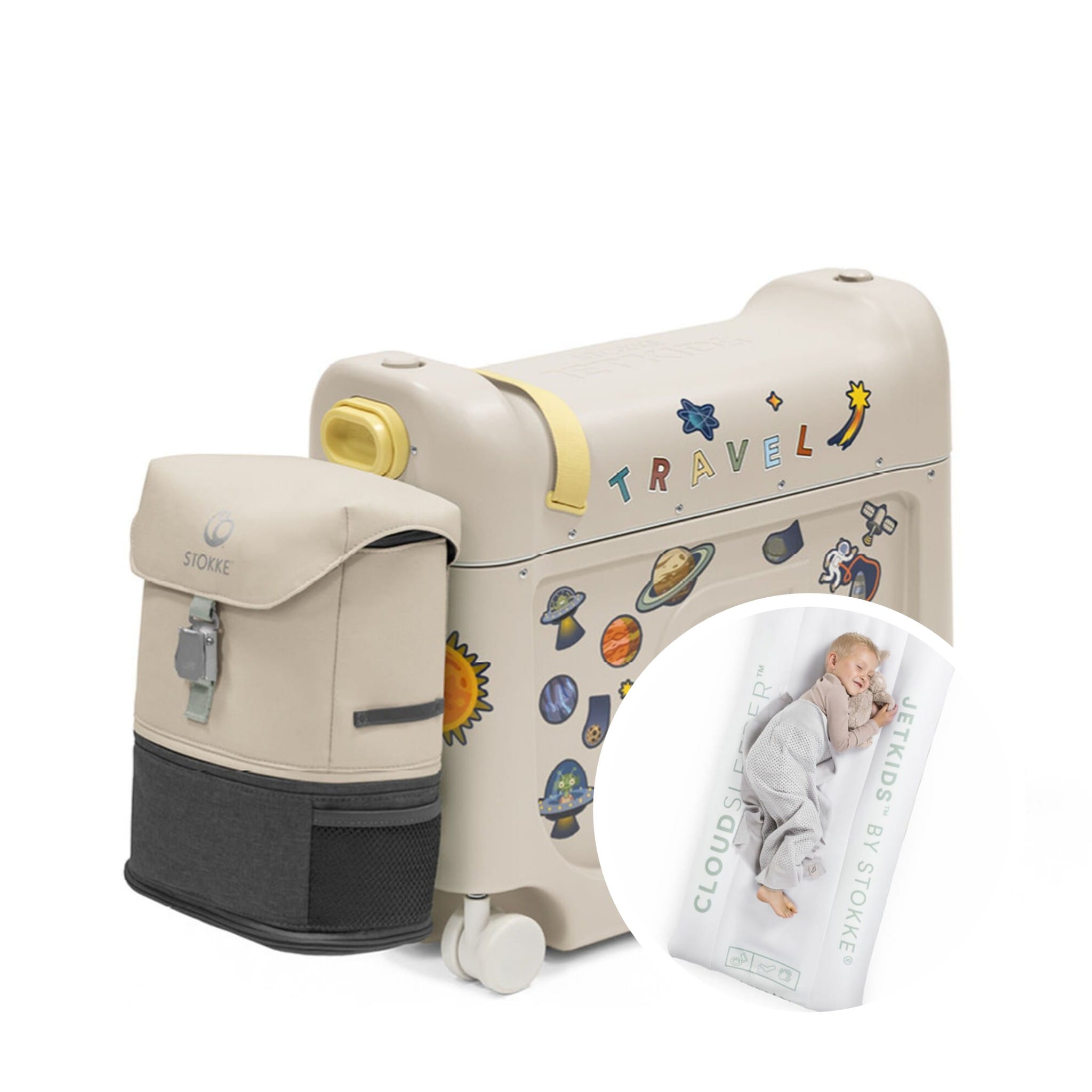 Set troller pentru copii cu rucsac extensibil si patut gonflabil JetKids by Stokke – Moonglow White
