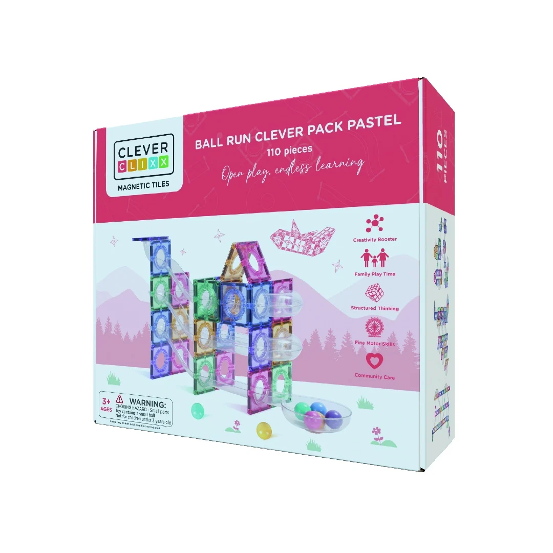 Set magnetic de construit CleverClixx - Circuit pastel cu bile 110 piese